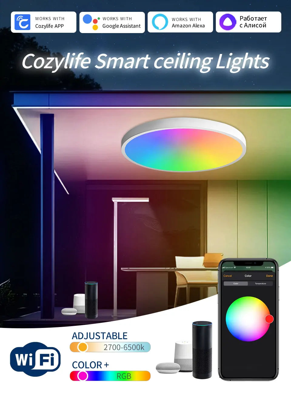 Smart WiFi LED Ceiling Light 24W – App & Voice Control, Round Panel, Works with Alexa & Google Home - BudgetSpender