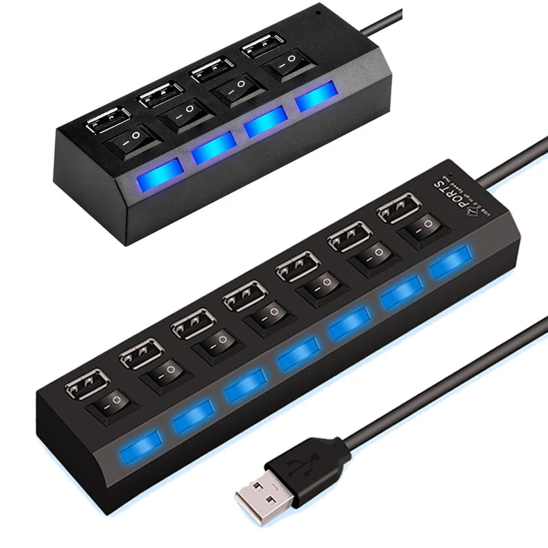 High-Speed 4/7 Port USB 2.0 Hub Adapter with Switch for Data Transmission - BudgetSpender