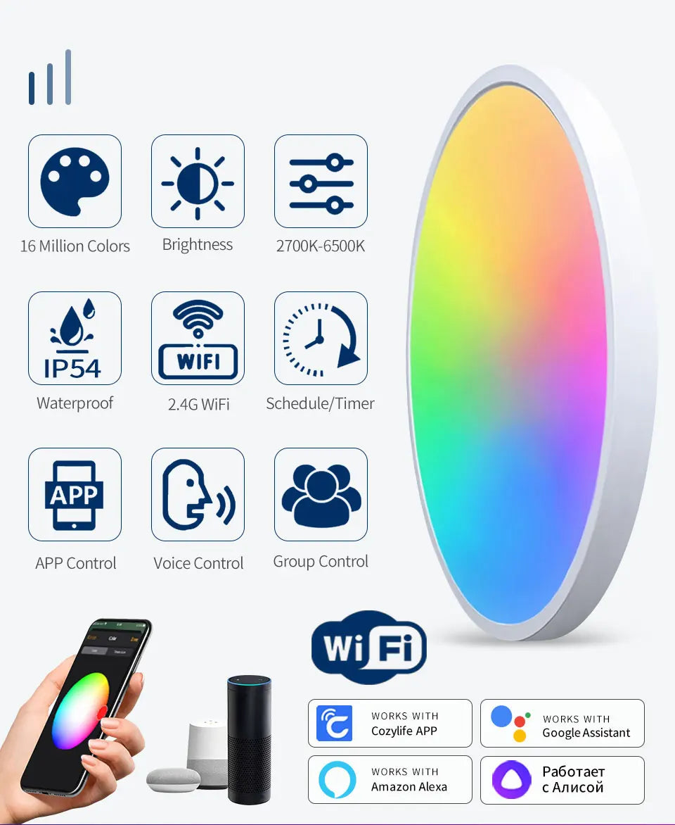 Smart WiFi LED Ceiling Light 24W – App & Voice Control, Round Panel, Works with Alexa & Google Home - BudgetSpender