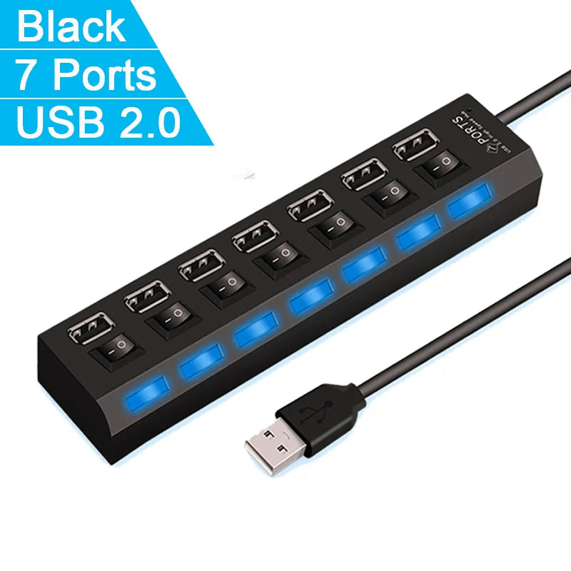 High-Speed 4/7 Port USB 2.0 Hub Adapter with Switch for Data Transmission - BudgetSpender