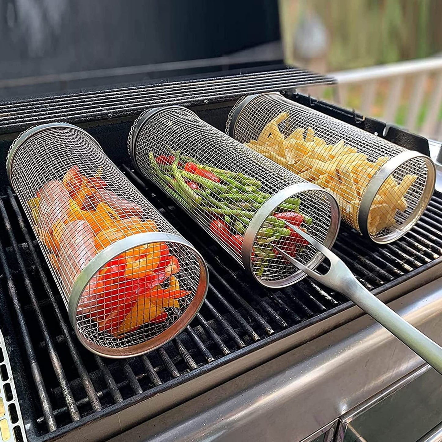 Rolling Grill Basket – Stainless Steel BBQ Mesh Cylinder for Grilling Meat, Vegetables, and More - BudgetSpender