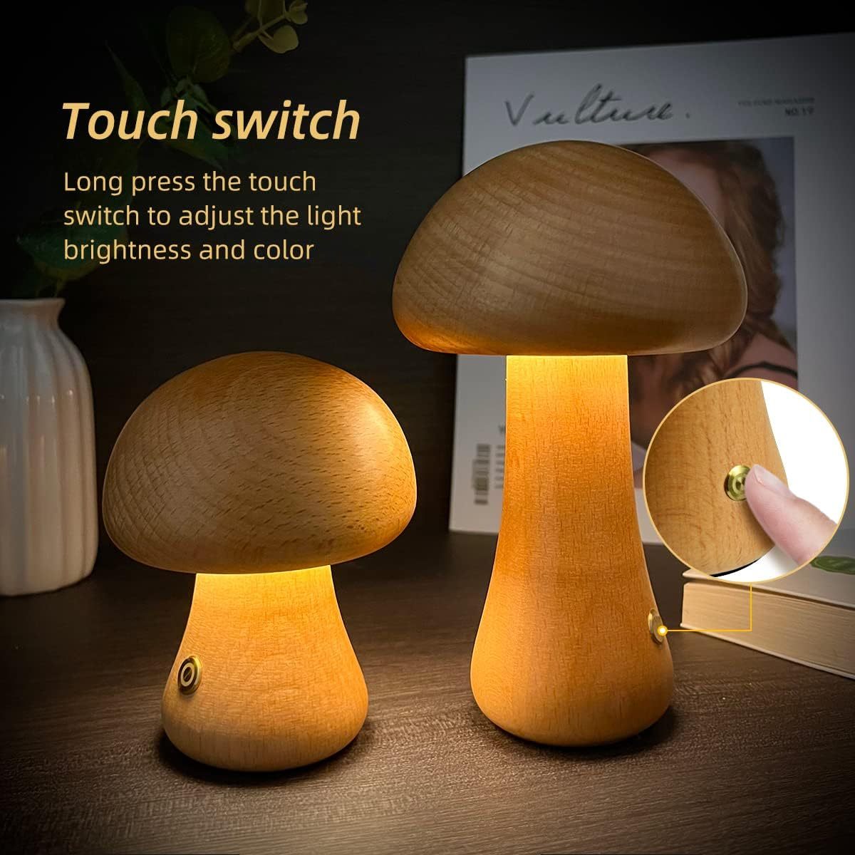 INS Wooden Cute Mushroom LED Night Light – Touch Switch Bedside Lamp - BudgetSpender