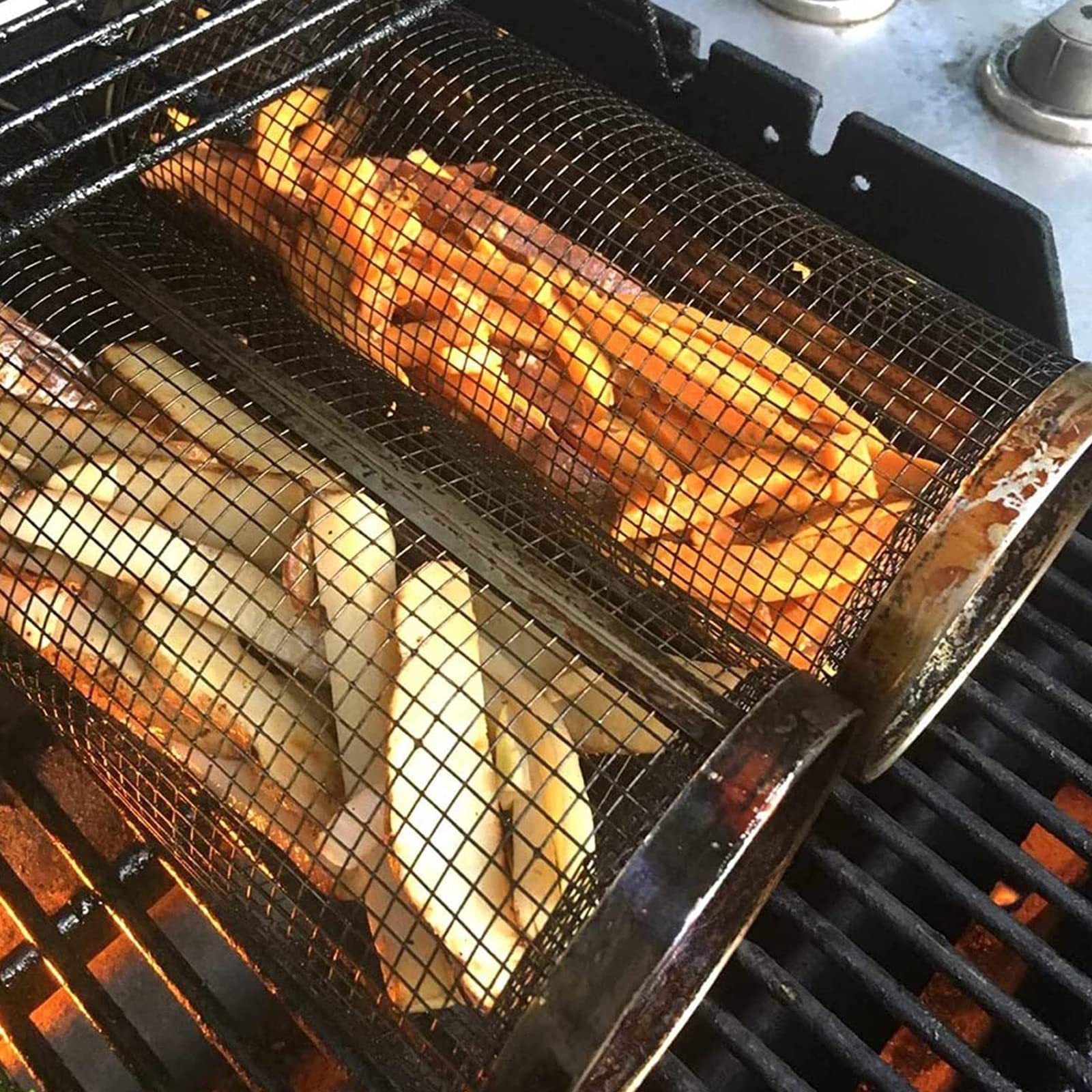Rolling Grill Basket – Stainless Steel BBQ Mesh Cylinder for Grilling Meat, Vegetables, and More - BudgetSpender