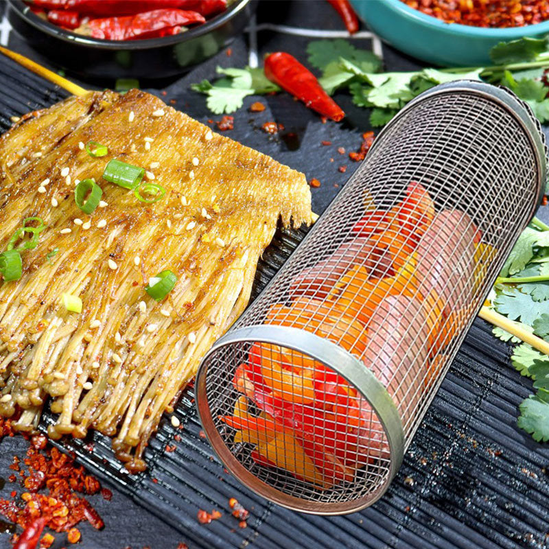 Rolling Grill Basket – Stainless Steel BBQ Mesh Cylinder for Grilling Meat, Vegetables, and More - BudgetSpender